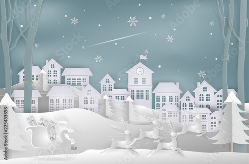 Merry christmas and New Year. Illustration of santa claus is coming to town. Winter snow. minimal greeting card concept. Paper art and digital craft style.