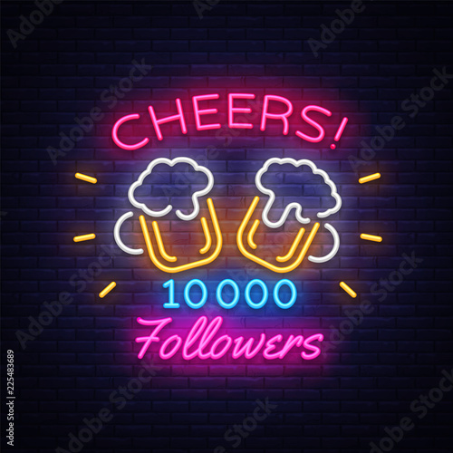 Follow Memphis neon sign vector. Cheers Party celebration Memphis card for social media Design template neon sign, light banner, neon signboard, nightly bright advertising, light inscription. Vector