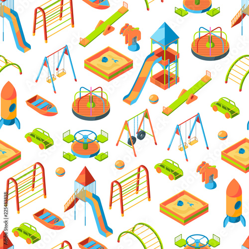 Vector isometric playground objects background or pattern illustration. Swing outdoor, recreation carousel