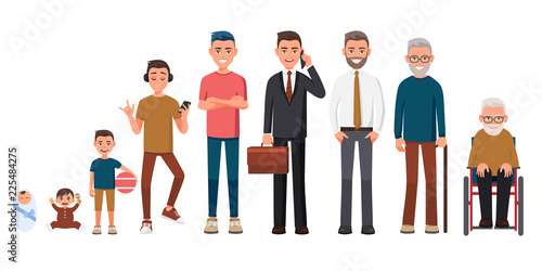Character of a man in different ages. A baby, a child, a teenager, an adult, an elderly person. The life cycle. Generation of people and stages of growing up. From infant to grandparents.Cartoon style