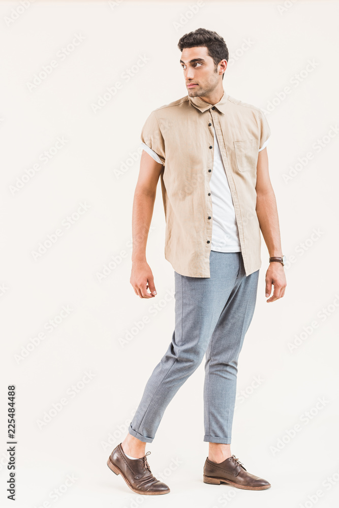 handsome stylish man in shirt posing and looking away isolated on beige handsome stylish man in shirt posing and looking away isolated on beige