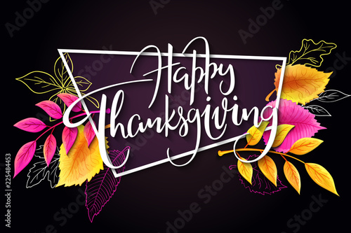 Vector greeting thanksgiving banner with hand lettering label - happy thanksgiving - with bright autumn leaves and doodle leaves, wreath and feathers