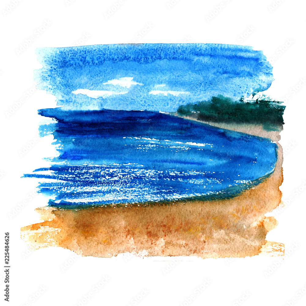 Hand drawn watercolor wash in blue, green and yellow colors. Seaside, beach and bright blue sky sketch.