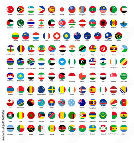 All official national flags of the world . circular design .
