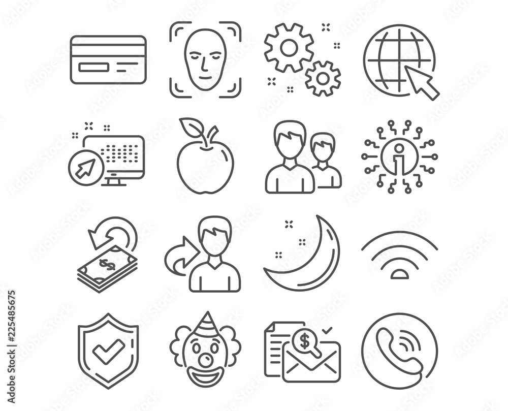 Set of Credit card, Work and Internet icons. Couple, Wifi and Cashback signs. Accounting report, Face detection and Clown symbols. Card payment, Settings, World web. Vector