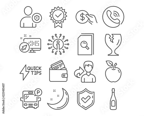Set of Search files, Debit card and Fragile package icons. Payment, Champagne and Security signs. Quickstart guide, Bus parking and Certificate symbols. Vector