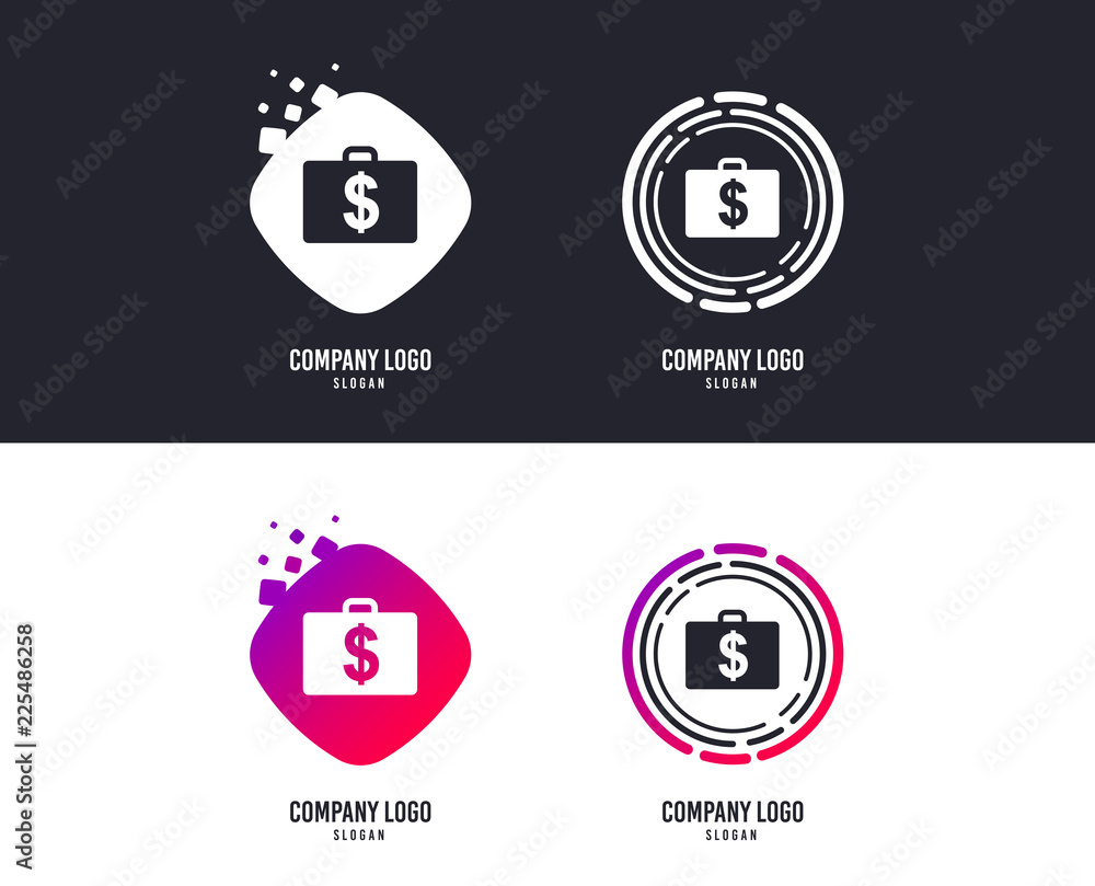 Logotype concept. Case with Dollars USD sign icon. Briefcase button. Logo design. Colorful buttons with icons. Vector