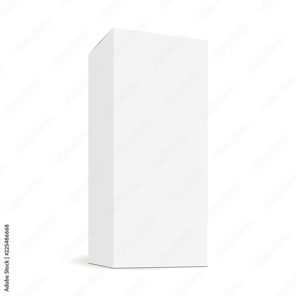 White blank rectangular tall box mock up with side perspective view. Sample for healthcare or cosmetic packaging design. Vector illustration White blank rectangular tall box mock up with side perspective view. Sample for healthcare or cosmetic packaging design. Vector illustration