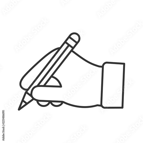 Hand holding pencil linear icon