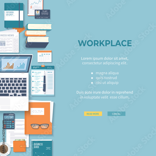 Workplace Desktop background. Top view of table, laptop, folder, documents, notepad, purse, calendar, headphones, books, coffee, newspaper, calculator. Business background, organization. Vector 