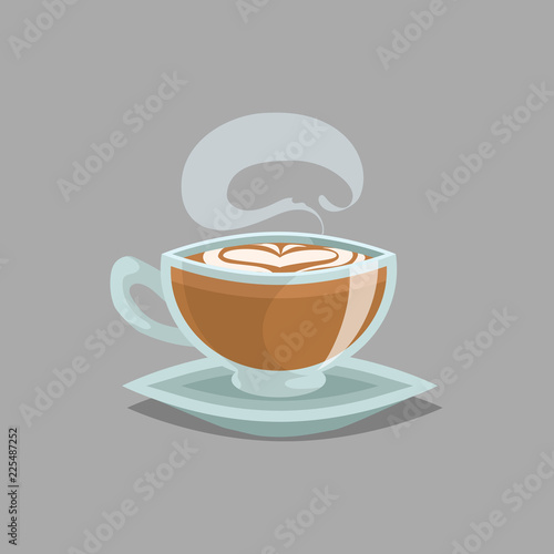 Coffee glass cup with flat white coffee and steam. Milk cream foam in top and heart draw. Cartoon retro style. Vector illustration for cafe and restaurant menu design.