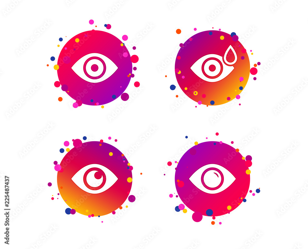 Eye icons. Water drops in the eye symbols. Red eye effect signs. Gradient circle buttons with icons. Random dots design. Vector