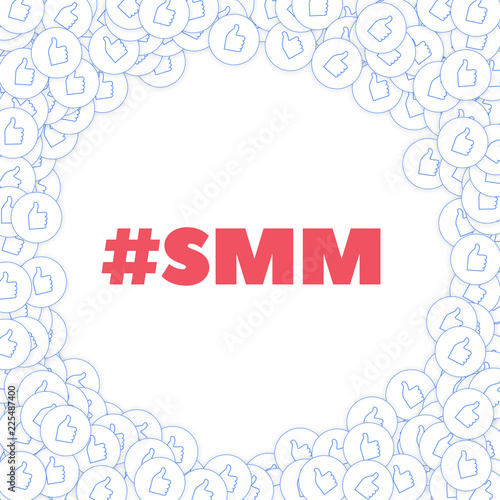 Social media icons. Smm concept. Falling scattered thumbs up. Corner frame elements on white backgro
