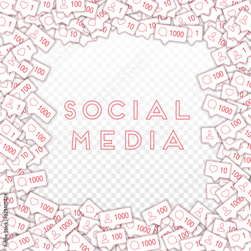 Social media icons. Social media concept. Falling counter comment friend notification. Chaotic borde