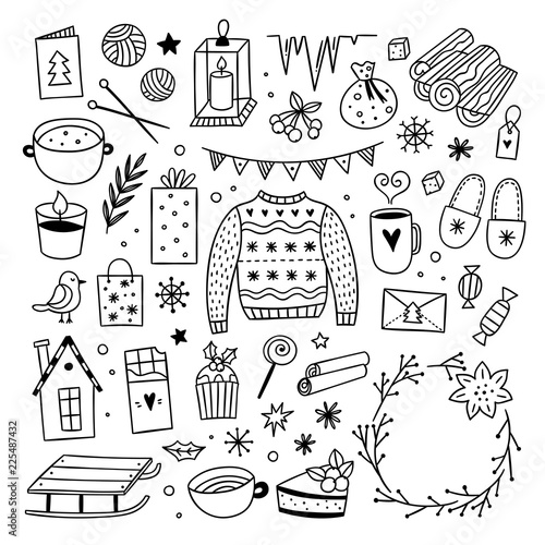 Christmas graphics on white background. Winter style illustrations. Cute hygge doodles: sweater, sweets, candles and wreaths