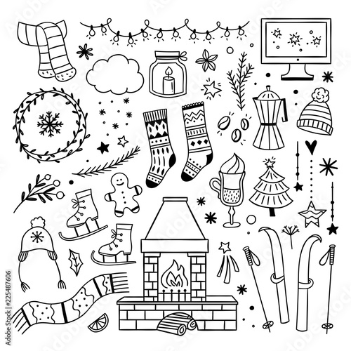 Winter cute doodles illustrations. Cozy winter home lifestyle symbols. Christmas outline elements on white background