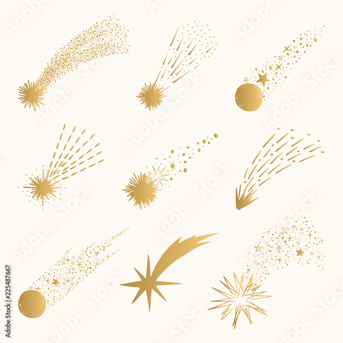 Golden comet and shooting star. Vector isolated illustration.