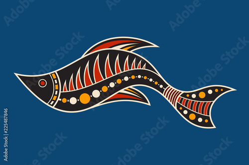 Fish. Aboriginal art style. Vector color illustration isolated on blue background.