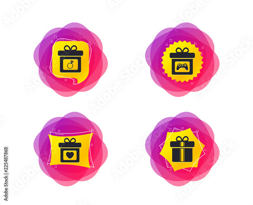 Gift box sign icons. Present with bow and ribbons symbols. Engagement ring sign. Video game joystick. Geometric gradient sales shapes. Creative banners. Template for design. Vector