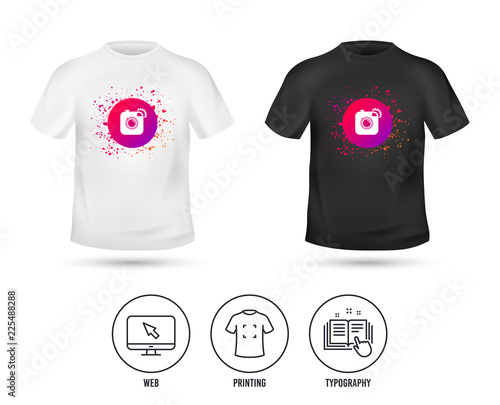 T-shirt mock up template. Hipster photo camera sign icon. Retro camera with flash symbol. Realistic shirt mockup design. Printing, typography icon. Vector