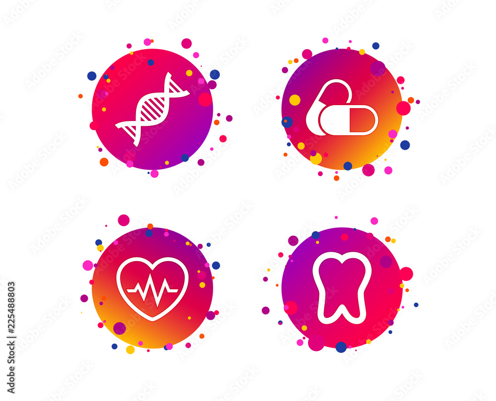 Maternity icons. Pills, tooth, DNA and heart cardiogram signs. Heartbeat symbol. Deoxyribonucleic acid. Dental care. Gradient circle buttons with icons. Random dots design. Vector Maternity icons. Pills, tooth, DNA and heart cardiogram signs. Heartbeat symbol. Deoxyribonucleic acid. Dental care. Gradient circle buttons with icons. Random dots design. Vector