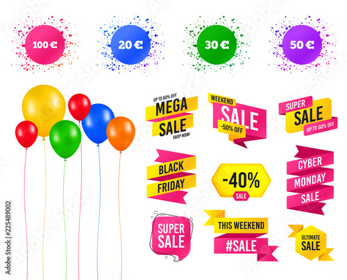 Balloons party. Sales banners. Money in Euro icons. 100, 20, 30 and 50 EUR symbols. Money signs Birthday event. Trendy design. Vector