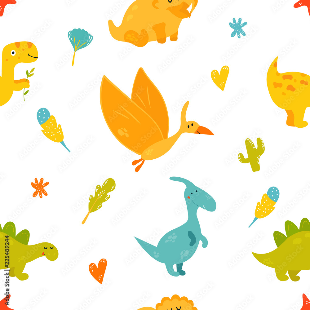 Naklejka premium Bright seamless pattern with cute dinosaurs