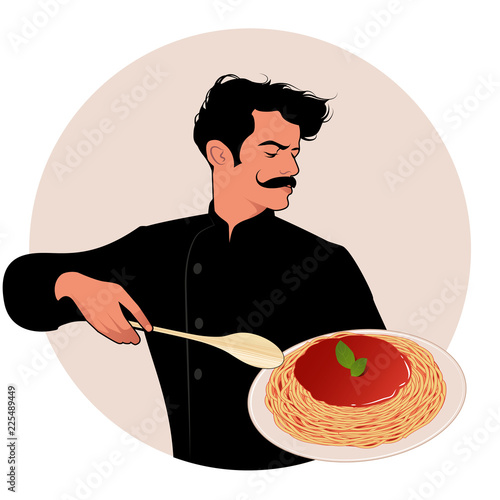 Moustached chef carrying a plate of spaghetti and a wooden spoon
