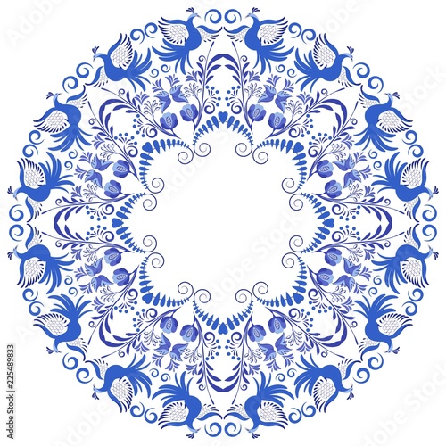 Flower pattern with blue birds and flowers in a circle. Template design in ethnic style Gzhel porcelain painting.