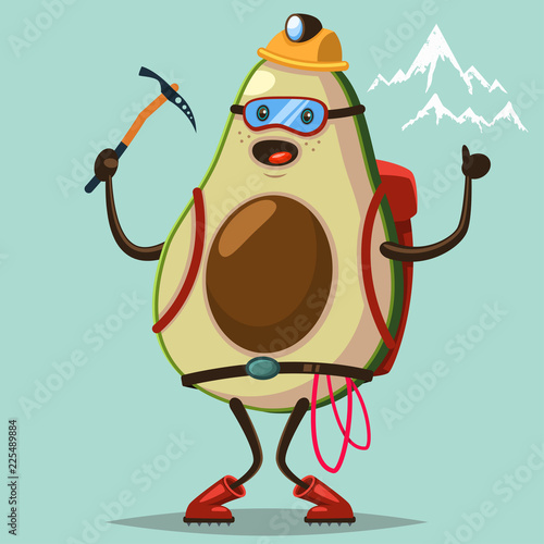 Cute Avocado cartoon character with mountaineering equipment engaged rock climbing. Illustration of winter sport and eating healthy. Vector flat funny fruit icon with emotion isolated on background.