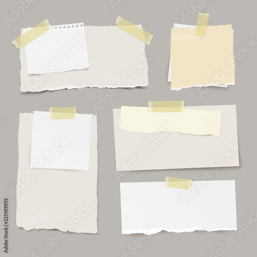 Vector set of pieces ripped note papers with different size and color, with sticky yellow tape.