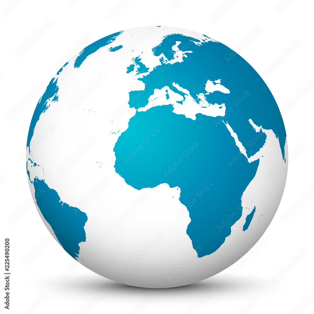 White 3D Vector Globe with Blue Continents on White Background - Planet Earth.