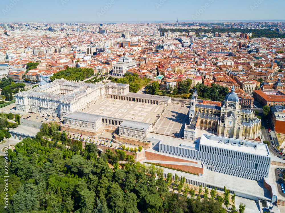 Almudena Cathedral and Royal Palace of Madrid in Madrid city centre, Spain