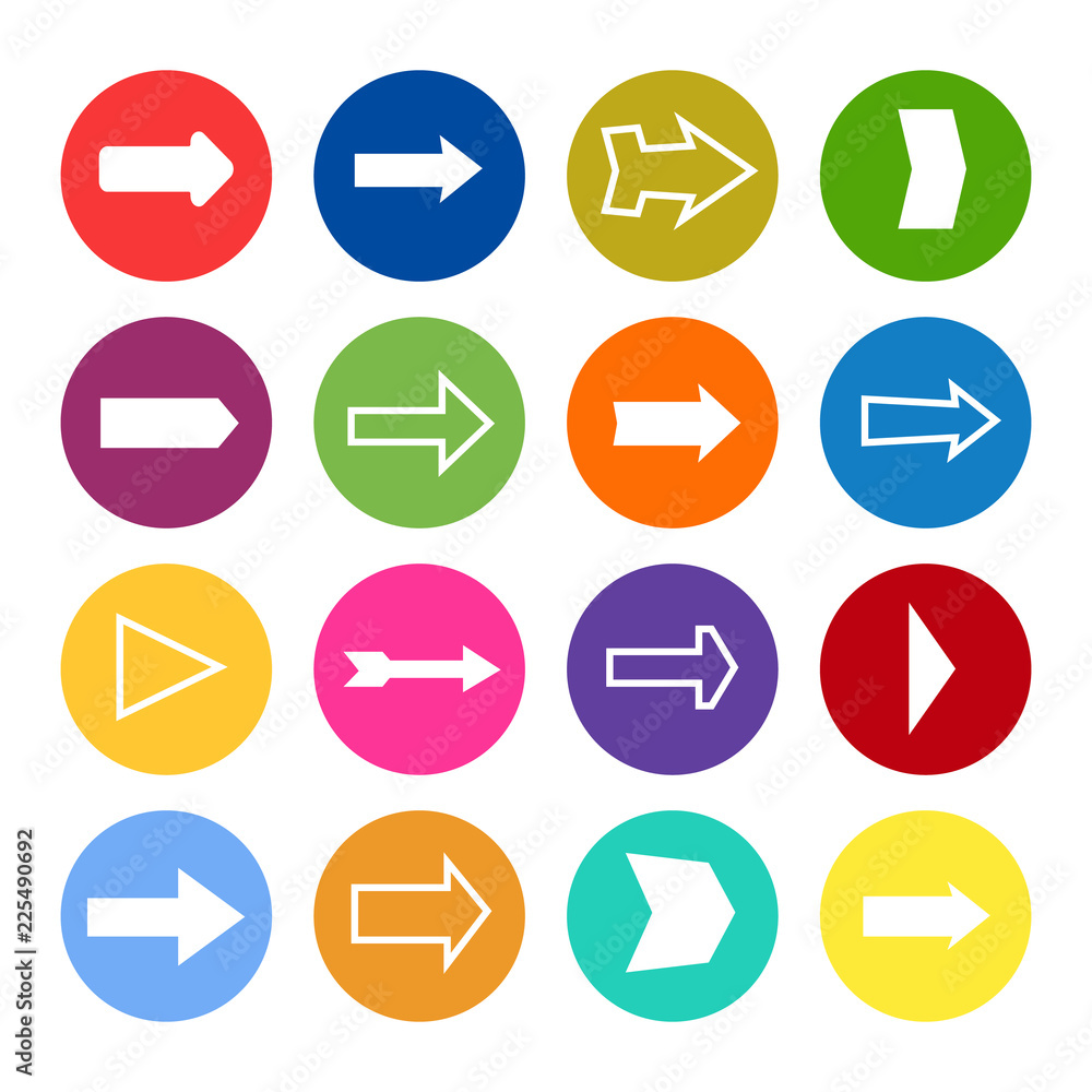 Set of sixteen arrows in a colorful circles Set of sixteen arrows in a colorful circles