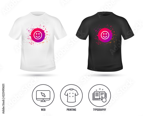 T-shirt mock up template. Smile icon. Happy face chat symbol. Realistic shirt mockup design. Printing, typography icon. Smile vector