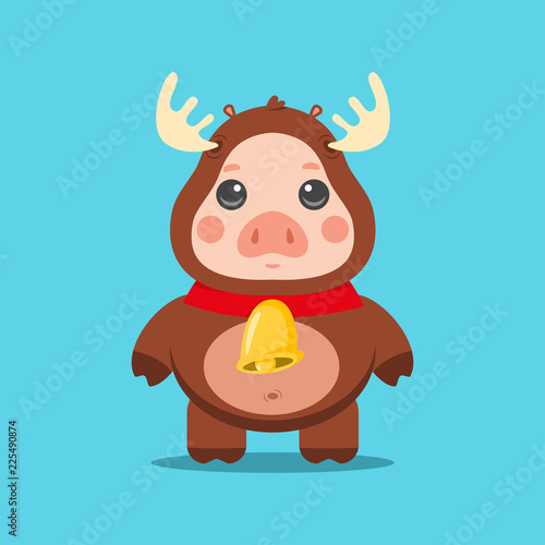 Cute Christmas Pig in reindeer costume with gold bell. Vector cartoon funny animal character isolated on background. Symbol of the 2019 Chinese New Year.