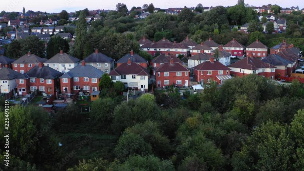 Aerial view of council houses with trees and birds. Aerial view of council houses with trees and birds.