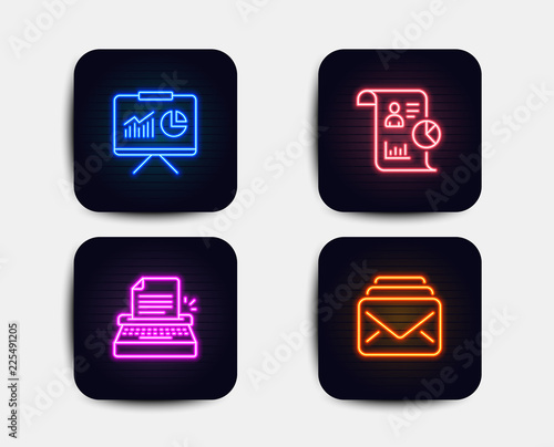 Neon glow lights. Set of Presentation, Typewriter and Report icons. Mail sign. Board with charts, Writer machine, Work statistics. New messages. Neon icons. Glowing light banners. Vector