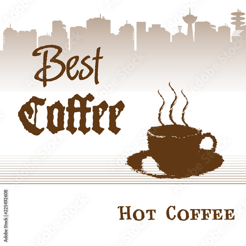 Colorful background with brown coffee cup and the text best coffee written with brown letters