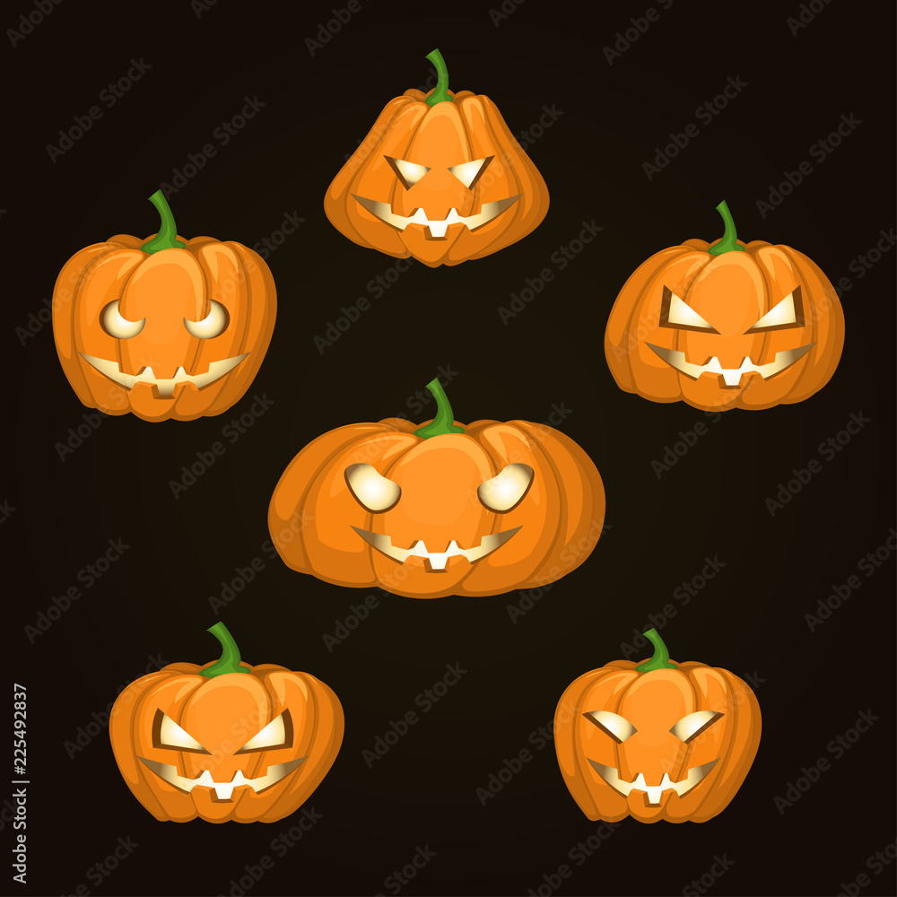 Set of six pumpkins of different shapes for Halloween with different emotions on a dark background. Glow from the inside. Set of six pumpkins of different shapes for Halloween with different emotions on a dark background. Glow from the inside.