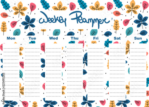 cute lovely vector weekly planner template with colorful leaves stationery organizer for daily plans