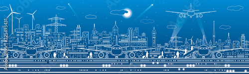 Airport panorama. Passengers go to the airplane. Aviation travel transportation infrastructure. The plane is on the runway. Night city on background, vector design art