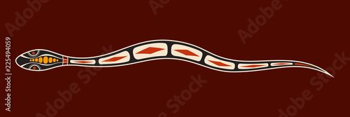 Snake. Aboriginal art style. Vector color illustration isolated on brown background.