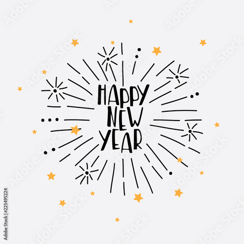 Hand Drawn Happy New Year Greeting Card with vector firework