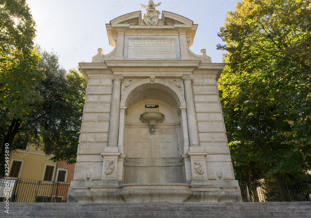 Ponte Sisto Fountain in Trilussa Square in Trastevere district in Rome, Italy