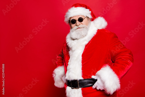 Handsome good-looking aged Santa stand half turn like a boss in 