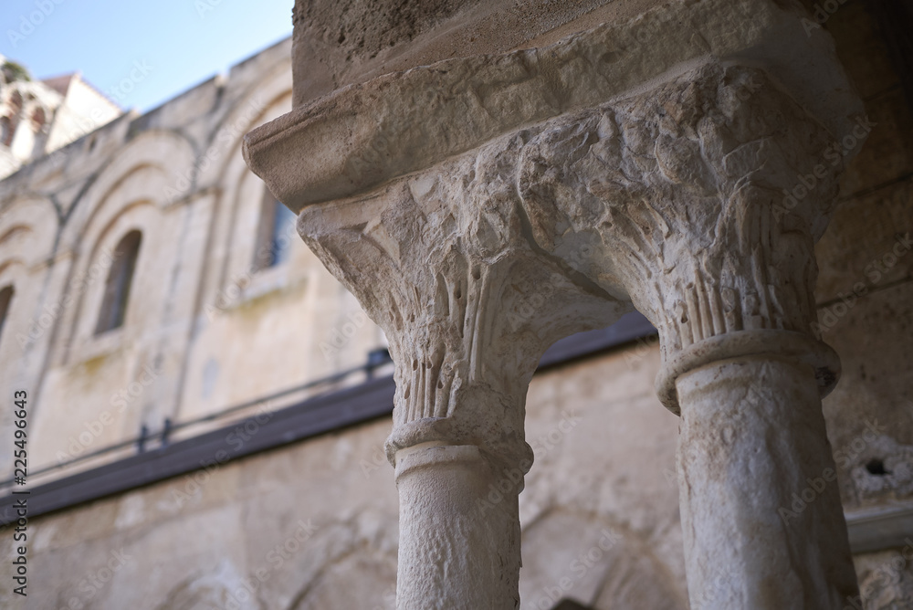 Cefalu, Italy - September 09, 2018: Details of Cefalu Cathedral Cloister