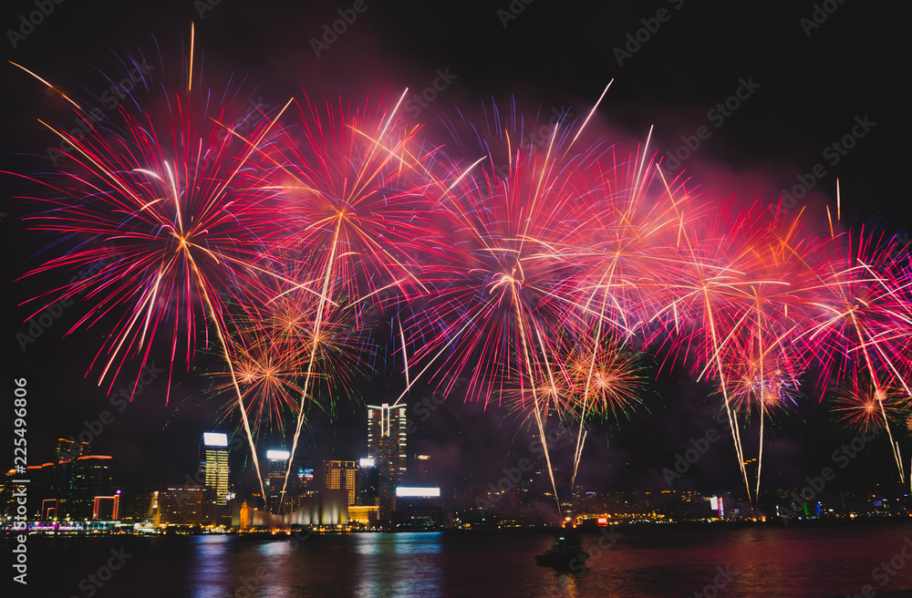 Fireworks display from Victoria Harbor in Hong Kong