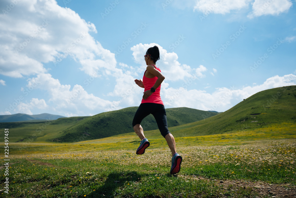 Obraz premium Young fitness woman trail runner running grassland