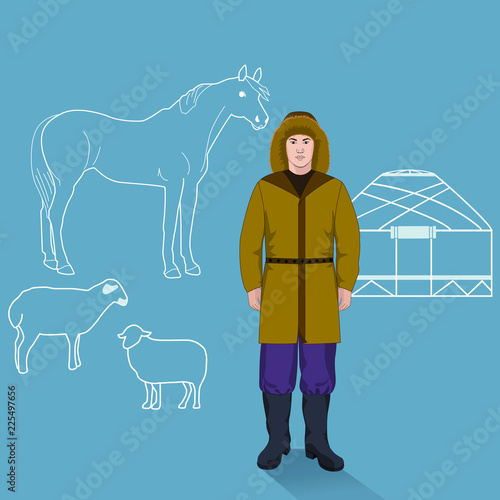 Profession in Kazakhstan. Shepherd with sheep and horse. Nomad.